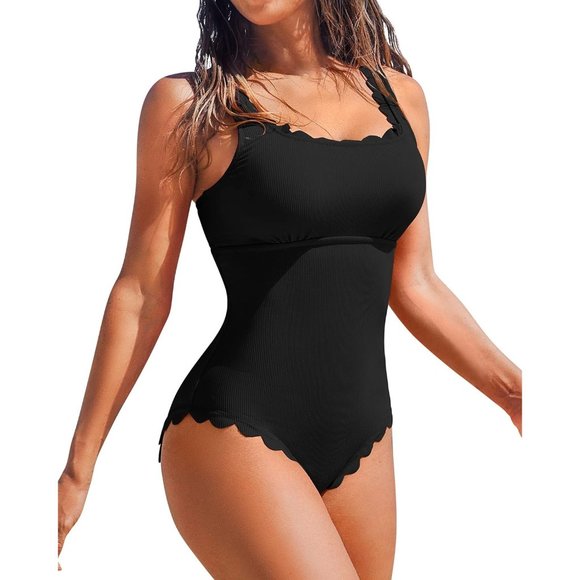 Women's Black Scalloped Ribbed One Piece Retro Square Neck Modest Swimsuits - Picture 1 of 9